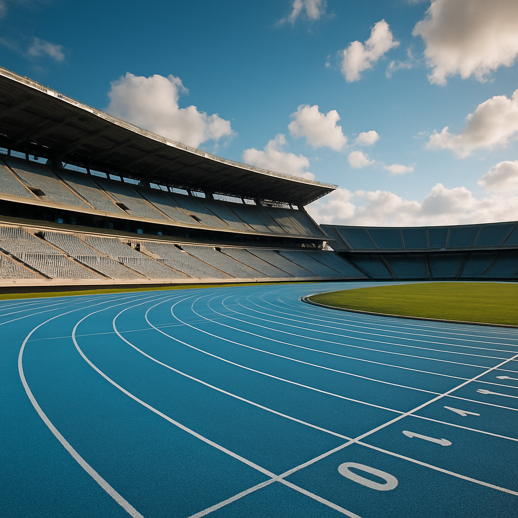 Estadio de atletismo argentino bajo el cielo azul